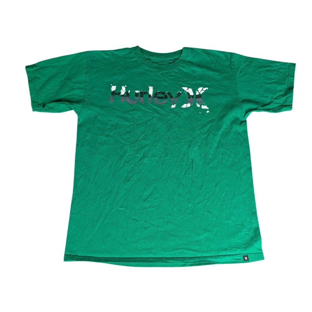 Hurley Mens Graphic T-Shirt Green Short Sleeve Regular Fit Crew Neck Cotton M